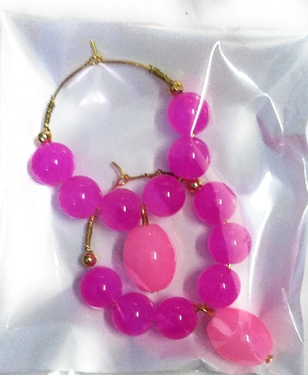 NIBRAS Pink Round Glass Beads Drop Hoop Earrings - B09JGL9DDY, 24 gm, 6cm x 4.5cm x 1cm